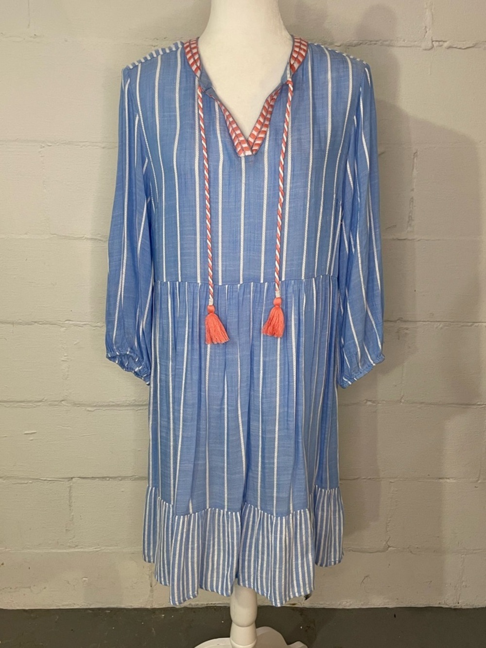 Tribal Blue and White Striped Midi Dress with Coral Tassels